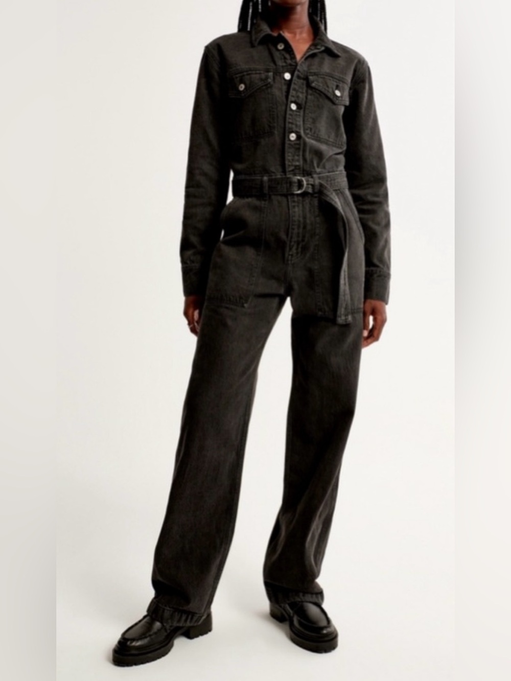 Abercrombie & Fitch Long-Sleeve Denim Boilersuit Jumpsuit In Black Size ST